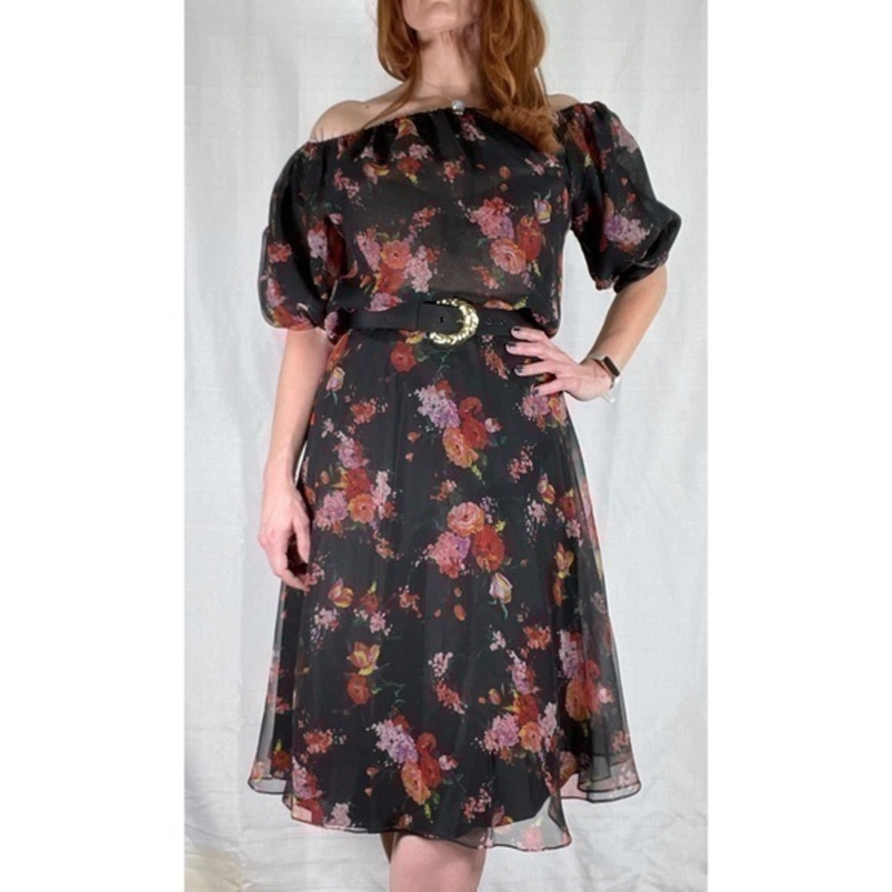 70’s Vintage Black Floral Chiffon Midi Skirt Set